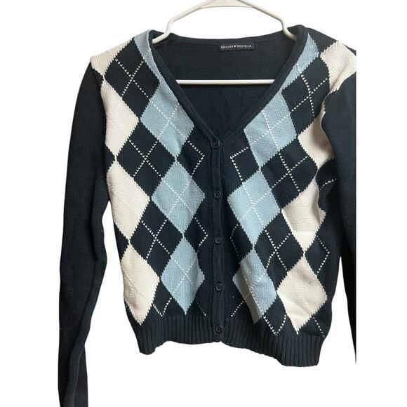 Brandy Melville Argyle Button Front V Neck Sweater Cardigan Blue White Small - Picture 3 of 6